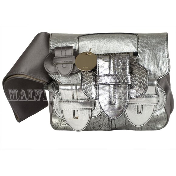CHLOE BAG SILVER LEATHER SATIN SNAKESKIN BUCKLE WRISTLET HANDBAG